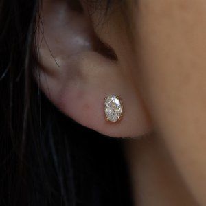 Sterling Silver Gold Classy Oval Solitaire Earrings, Gold Oval CZ Studs